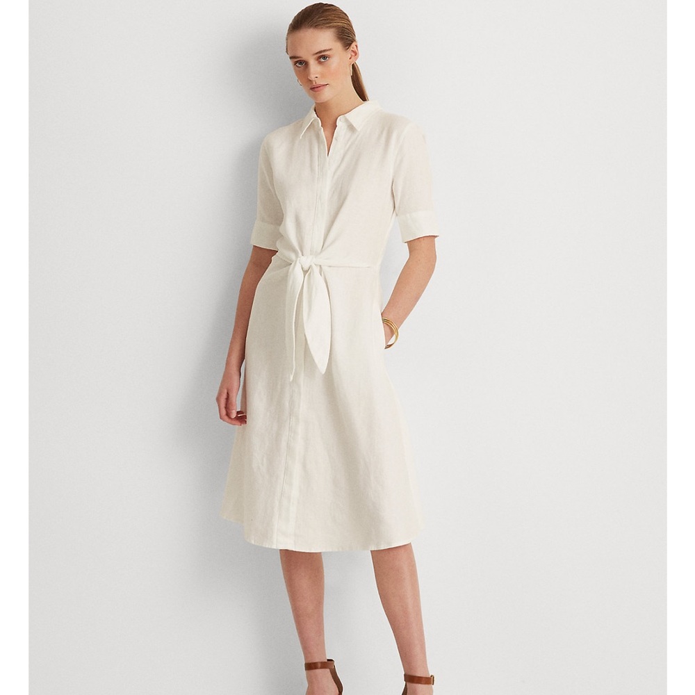 Lauren Ralph Lauren - Linen Fit & Flare Dress, Size 16, White Color